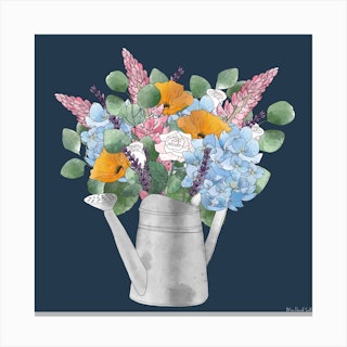 Summer Flowers In A Watering Can Square Canvas Print