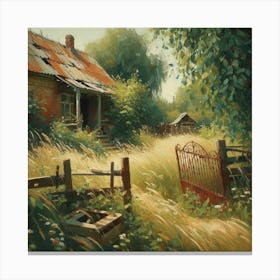 Abandoned House And Old Fence In The Countryside, Acrylic Painting Style Canvas Print