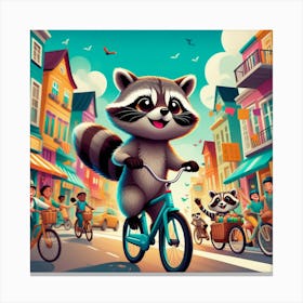 Raccoon On A Bicycle art Canvas Print