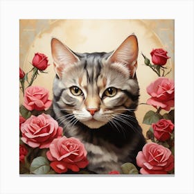 Domestic Shorthair With Roses Canvas Print