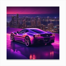 Ferrari Car Overlooking The Miami Skyline At Night Canvas Print