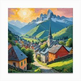 Swiss Village At Sunset With Mountain And Lake Canvas Print