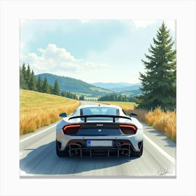 High Performance Car On A Scenic Highway, Watercolor Painting 1 Canvas Print