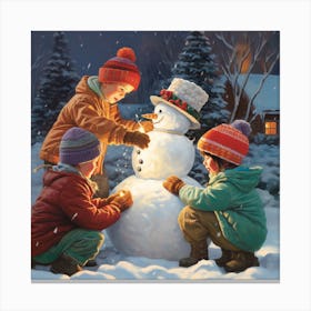 Children Building A Snowman Canvas Print
