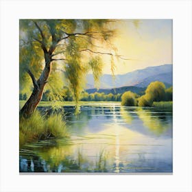 Impressionist Style Painting Of A Serene Landscape Dappled Sunlight Filtering Through A Weeping Wil Canvas Print