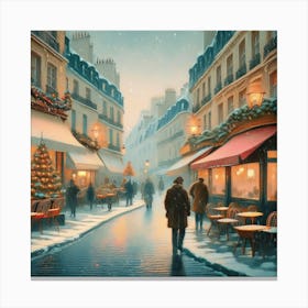 Paris cafes, winter season, Christmas, pale colors, pedestrians in the street, winter clothes, falling snow.2 2 Canvas Print