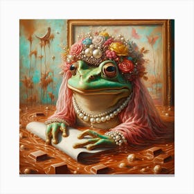 Frog with Pearl Earrings and Flower Crown: A Surreal and Impressionistic Painting Canvas Print