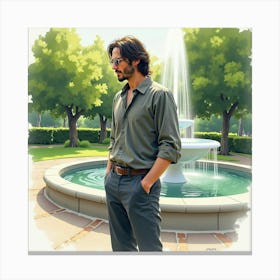 Watercolor Of Keanu Reeves In A Quiet Park With A Flowing Fountain Canvas Print