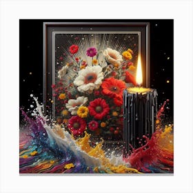A lit candle inside a picture frame surrounded by flowers 5 Canvas Print