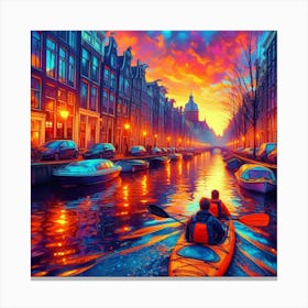 Into The Water A Kayaking Adventure Through Amsterdam S Canals At Dawn Style Neon Urban Impressionism (4) Canvas Print