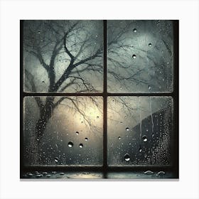 Rainy Window Reflection Wall Art: A Somber Scene of Raindrops and Bare Branches for Thoughtful and Melancholic Decor Print Art Canvas Print