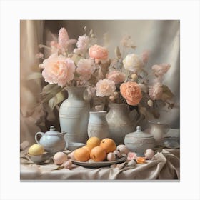 This still life painting captures a serene scene with a delicate interplay of soft tones, optimistic painting Canvas Print