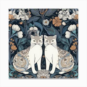 William Morris Classic  Inspired  Cats White Cats Blue Square Canvas Print
