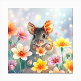 A Mouse Surrounded By Glowing Watercolor Flowers, In A Bright Pastel Dreamscape Canvas Print