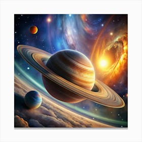 A close-up view of the planet Saturn with its rings, set against a galaxy. Canvas Print