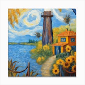 Ein Leuchtturm steht hoch und bewacht eine ruhige tropische Bucht. Canvas Print