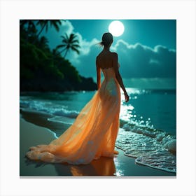 Beautiful Woman On The Beach At Night 3 Canvas Print