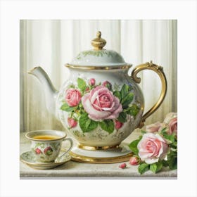 A very finely detailed Victorian style teapot with flowers, plants and roses in the center with a tea cup 19 Canvas Print