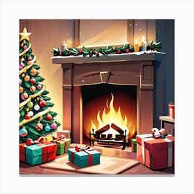 Christmas Tree In Front Of Fireplace 4 Canvas Print