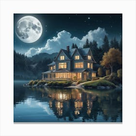 Artistic Moon Lake House Art Print 2 Canvas Print