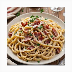 Elegant Pasta Dish A Plate Of Elegant Pasta Such As Spaghetti Carbonara Topped With Crispy Pancetta 1 Canvas Print