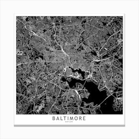 Baltimore Black And White Map Square Canvas Print