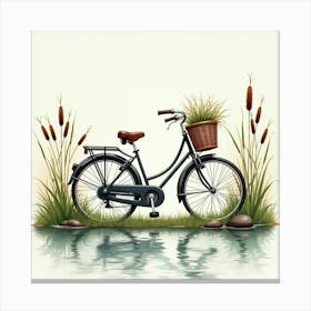 Classic Bike Beside A Tranquil Pond With Reeds Watercolor 1 Canvas Print