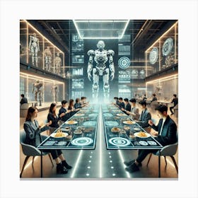 A Futuristic Dining Scene Featuring Tech Enthusias Canvas Print