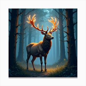 A Majestic Stag With Antlers Of Cascading, Starry Light Standing In A Magical Forest Canvas Print