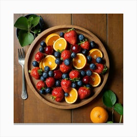 Top Down Shot of strawberries, blueberries, cherries, and oranges arranged symmetrically on a wooden platter. Sitting on a wooden table with leaves and cooking utensils on it 1 Canvas Print