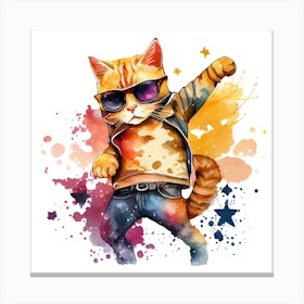 Watercolor Cute Cat Cool Superstar Cartoon Animal Character Canvas Print