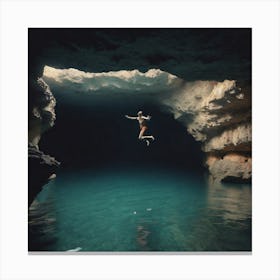 Man Jumping Into A Cave Canvas Print