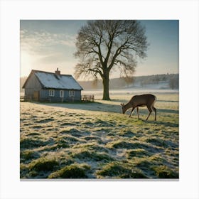 Deer In Frosty Field Canvas Print