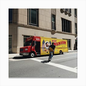 Man Riding A Bike Past A Delivery Truck Canvas Print