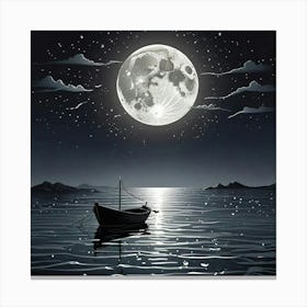 Serene Boat Scene With Moon On Beach Art Print (2) Canvas Print