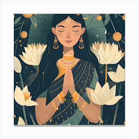 Indian Woman With Lotus Flowers Canvas Print