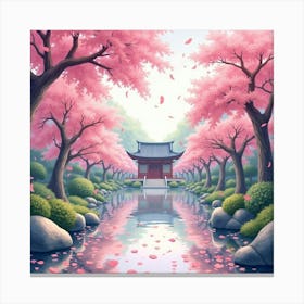 Watercolor Sakura Petals Raining Down Over A Quiet, Serene Temple Garden 1 Canvas Print