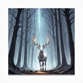 A White Stag In A Fog Forest In Minimalist Style Square Composition 14 Canvas Print