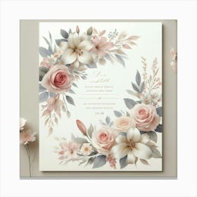 A beautiful watercolor painting of a floral wreath with pink roses, white lilies, and other greenery encircles a space for your custom text. The soft, muted colors and delicate brushstrokes create a romantic and elegant look. Perfect for wedding invitations, save-the-dates, or any special occasion. 1 Canvas Print