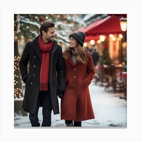 Couple In Winter Coats Walking Canvas Print