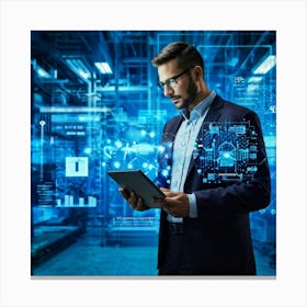 Abstract Cyber Industrial Icon Featuring A Futuristic Manager Interfacing With An Ai System Engagin Canvas Print