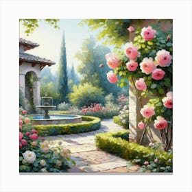 Rose Garden With The Fountain, Acrylic Style Painting 8 Canvas Print