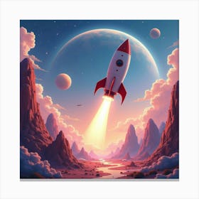 Rocket Exploring A Watercolor Alien Planet Landscape 1 Canvas Print