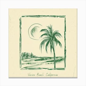 Venice Beach, California Green Line Art Illustration Canvas Print