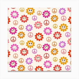 Retro Smiling Flowers with Peace Signs Canvas Print