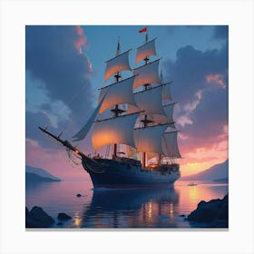 Majestic Galleon In Watercolor Tranquil Twilight 1 Canvas Print