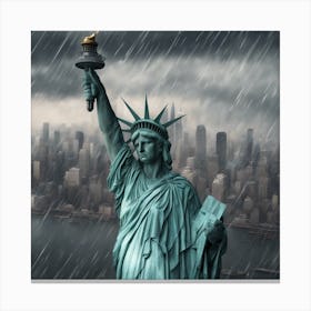 Statue Of Liberty Crying With Her Hands Covering Her Face, Raining Outside, City Background, Hyper R (1) Canvas Print