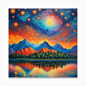 Cosmic Harmony: Mystical Mountain Landscape with Radiant Celestial Lights Wall Art Canvas Print