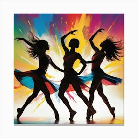 Dynamic silhouettes of dancers in motion against a colorful abstract background. The scene should convey energy, rhythm, and joy, with vibrant splashes of color highlighting the movement. Canvas Print