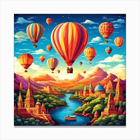 Hot Air Balloons In The Sky, Hot Air Balloon Adventures A Whimsical Pattern With Colorful Hot Air Balloons Floating Over Landmark 4 Canvas Print